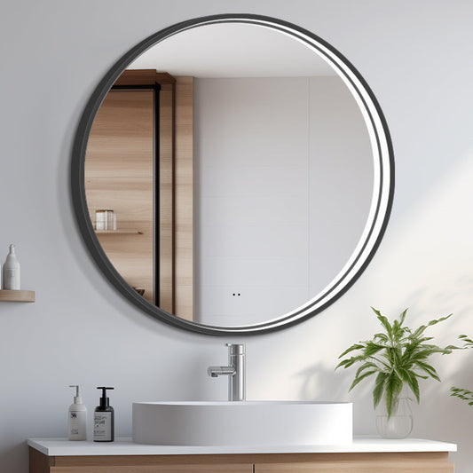 Rund spegel med LED-ljus i ram och värme Ø100, svart ram