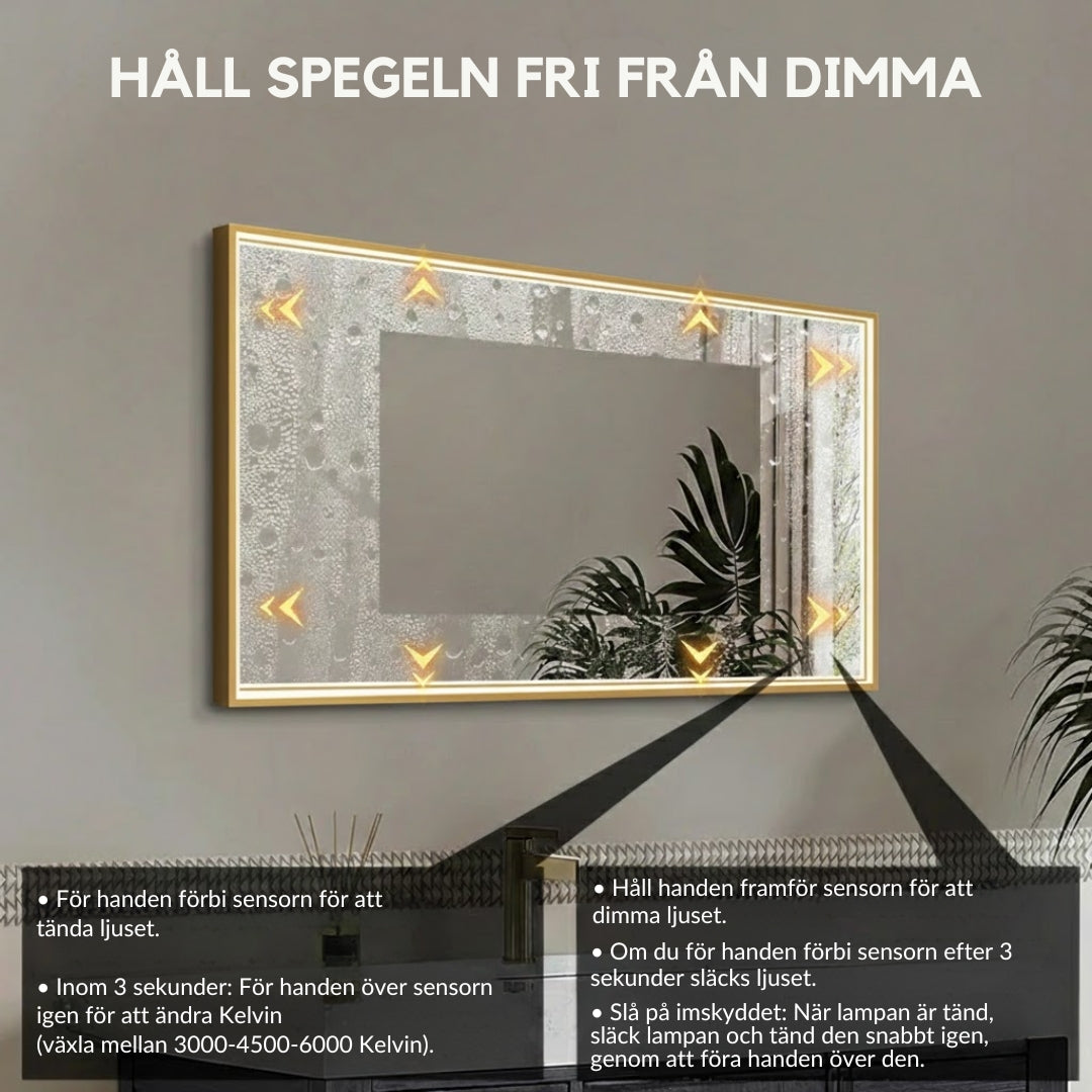 Fyrkantig spegel med LED-ljus i ram och värme 120x80 cm, guld ram