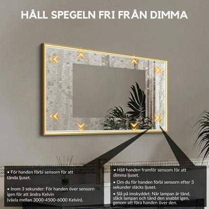 Fyrkantig spegel med LED-ljus i ram och värme 120x80 cm, guld ram