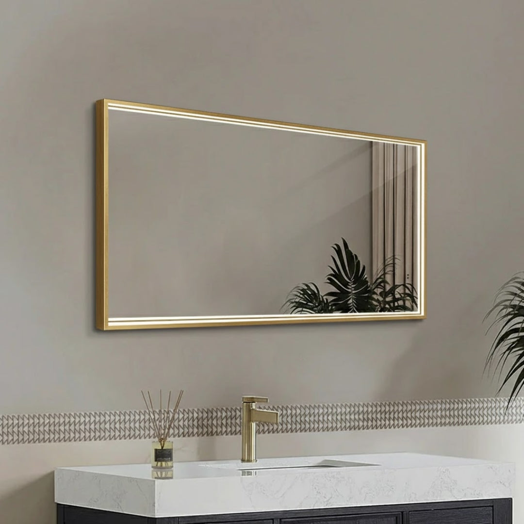 Fyrkantig spegel med LED-ljus i ram och värme 120x80 cm, guld ram