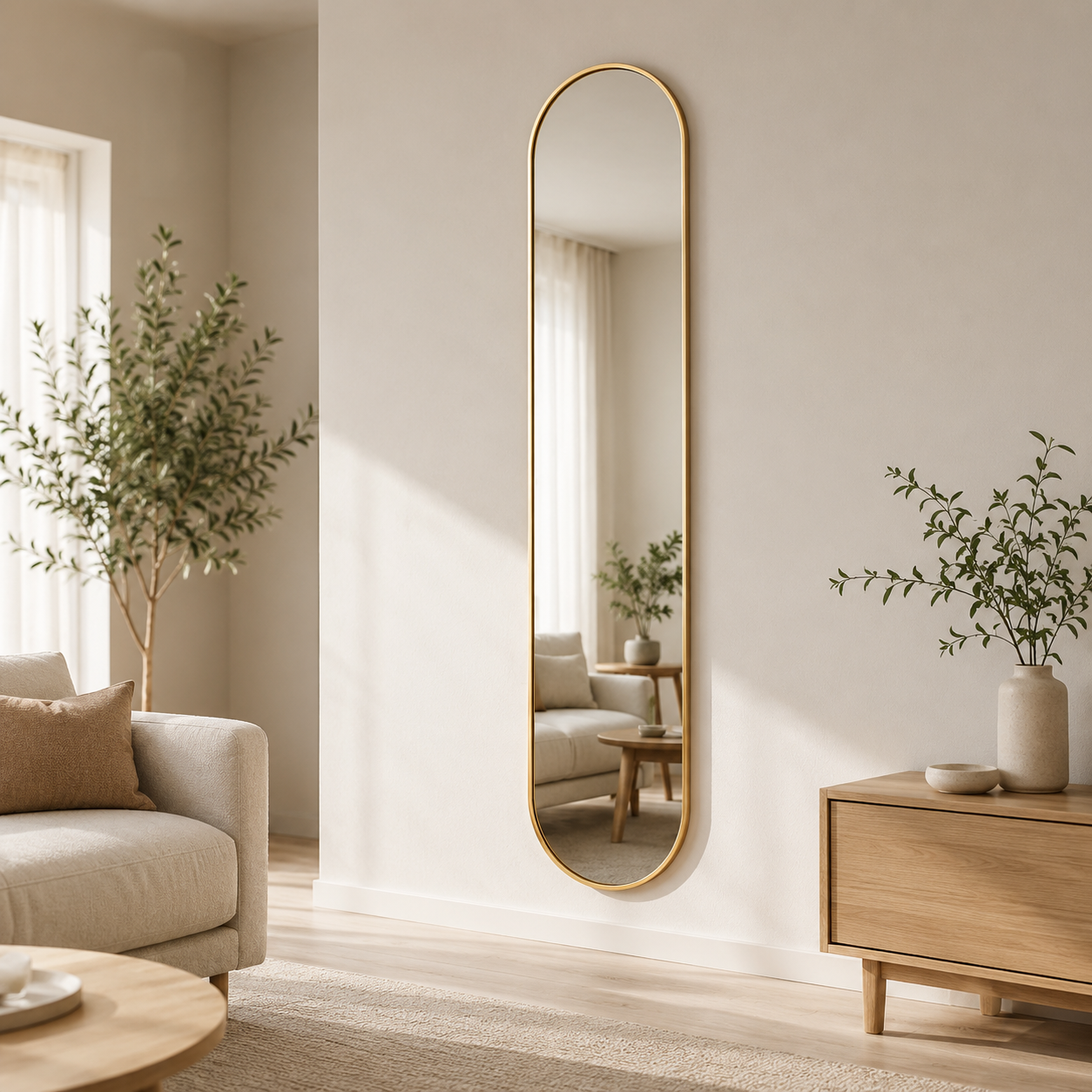 Oval fullängdsspegel, 26x160 cm - Guld ram