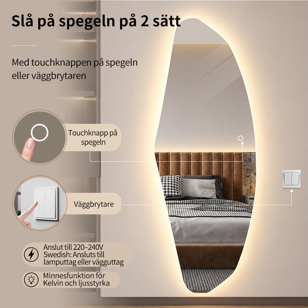 Asymmetrisk helkroppsspegel med LED-ljus för vägg 65x170 cm