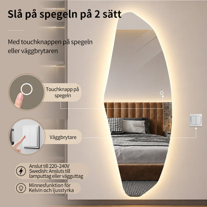 Asymmetrisk helkroppsspegel med LED-ljus för vägg 65x170 cm