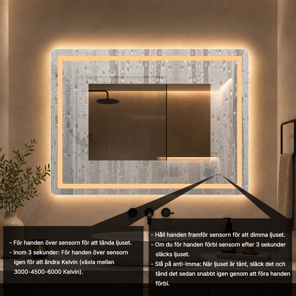 Fyrkantig spegel med Frontlight LED-ljus och värme 80x60 cm