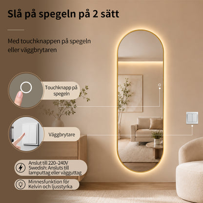 Helkroppsspegel Oval Spegel med LED-ljus 60x170 cm - Guld ram