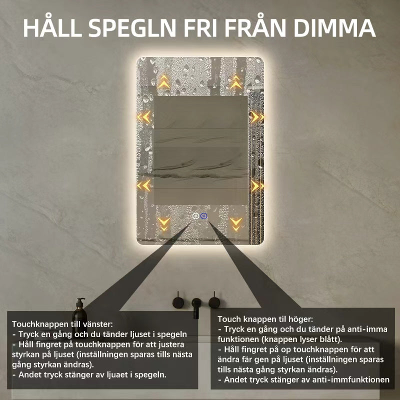 Rektangulär spegel med LED-ljus och värme, 50x80 cm
