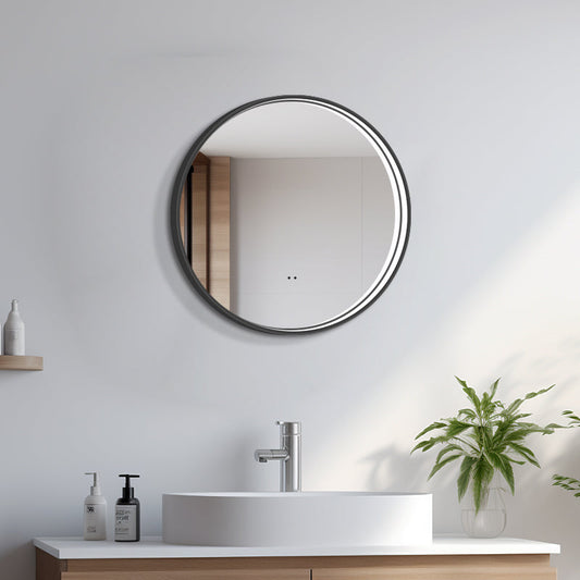 Rund spegel med LED-ljus i ram och värme Ø60, svart ram