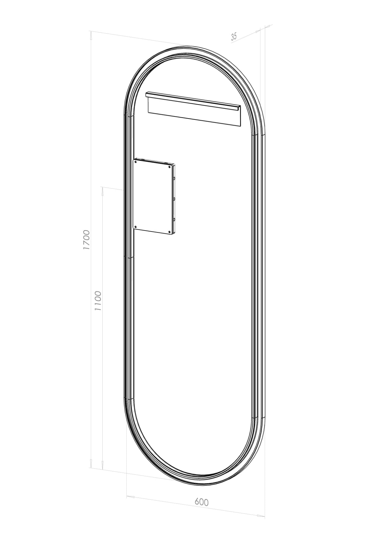 Bredde 60 cm og højde 170 cm med LED-lys og ramme