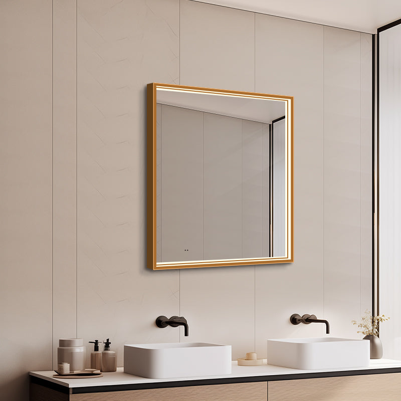 Fyrkantig spegel med LED-ljus i ram och värme 80x80 cm, guld ram