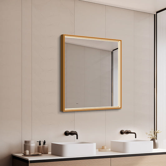Fyrkantig spegel med LED-ljus i ram och värme 80x80 cm, guld ram