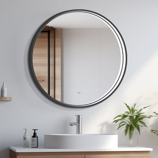 Rund spegel med LED-ljus i ram och värme Ø90, svart ram