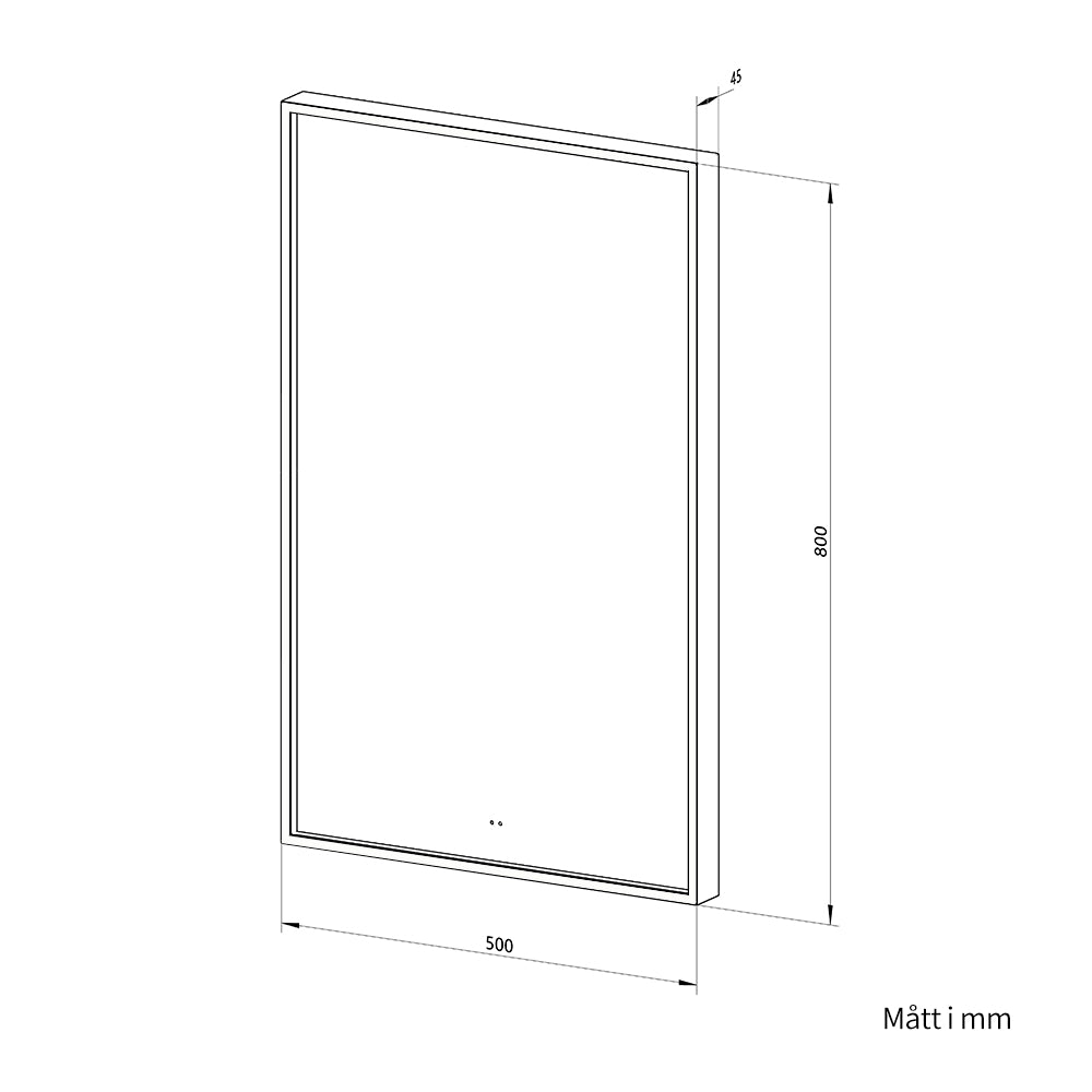 Fyrkantig spegel med LED-ljus i ram och värme 50x80 cm, svart ram