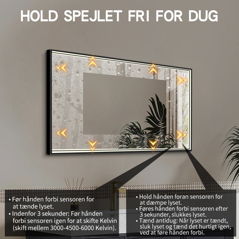Fyrkantig spegel med LED-ljus i ram och värme 120x80 cm, svart ram