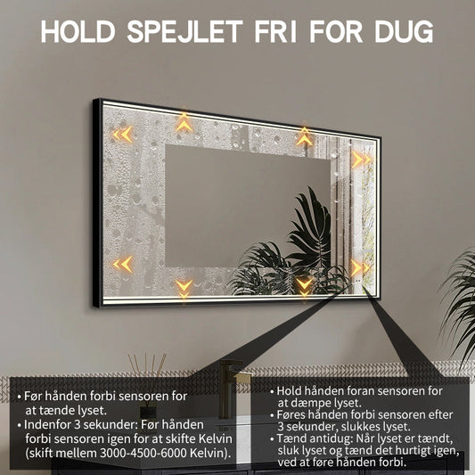 Fyrkantig spegel med LED-ljus i ram och värme 120x80 cm, svart ram