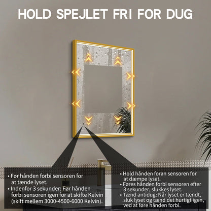 Fyrkantig spegel med LED-ljus i ram och värme 60x80 cm, guld ram