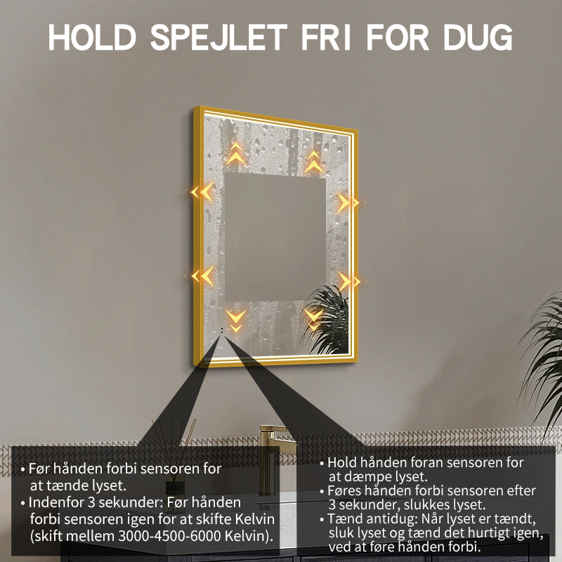Fyrkantig spegel med LED-ljus i ram och värme 50x80 cm, guld ram