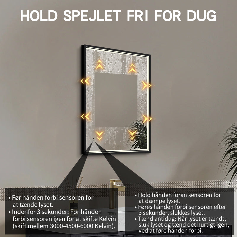 Fyrkantig spegel med LED-ljus i ram och värme 60x80 cm, svart ram
