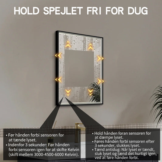 Fyrkantig spegel med LED-ljus i ram och värme 60x80 cm, svart ram