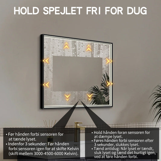 Fyrkantig spegel med LED-ljus i ram och värme 80x80 cm, svart ram