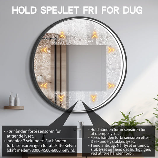 Rund spegel med LED-ljus i ram och värme Ø100, svart ram