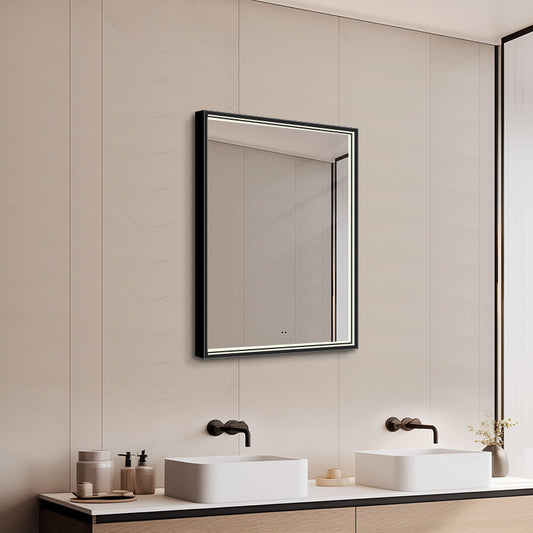 Fyrkantig spegel med LED-ljus i ram och värme 50x80 cm, svart ram