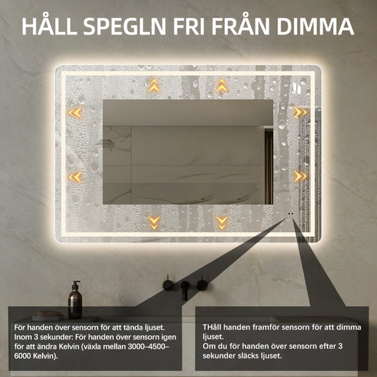 Fyrkantig spegel med Frontlight LED-ljus och värme 120x80 cm