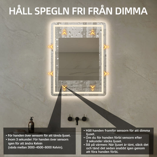 Fyrkantig spegel med LED-ljus (front + backlight) och värme 60x80 cm