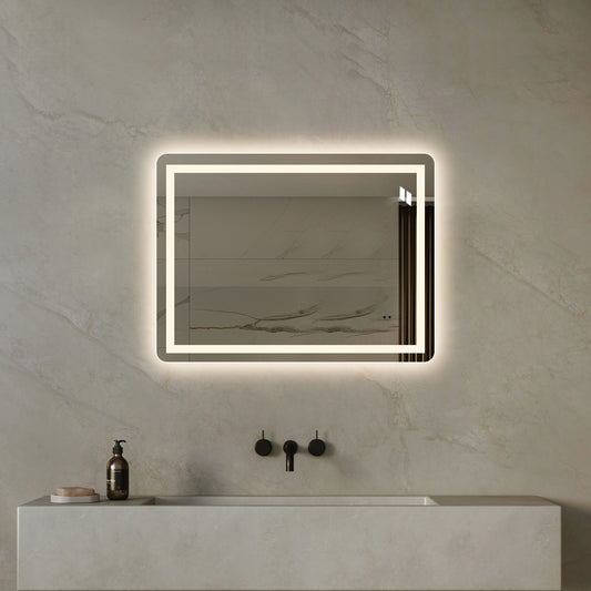Fyrkantig spegel med LED-ljus (front + backlight) och värme 80x60 cm