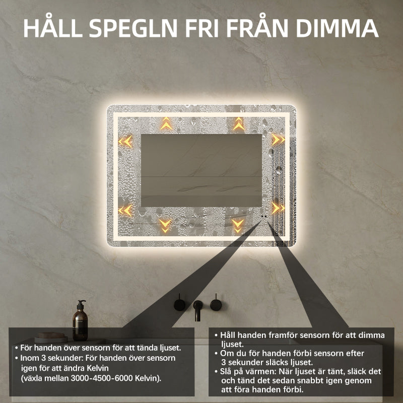 Fyrkantig spegel med LED-ljus (front + backlight) och värme 80x60 cm