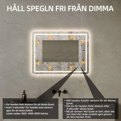 Fyrkantig spegel med LED-ljus (front + backlight) och värme 80x60 cm