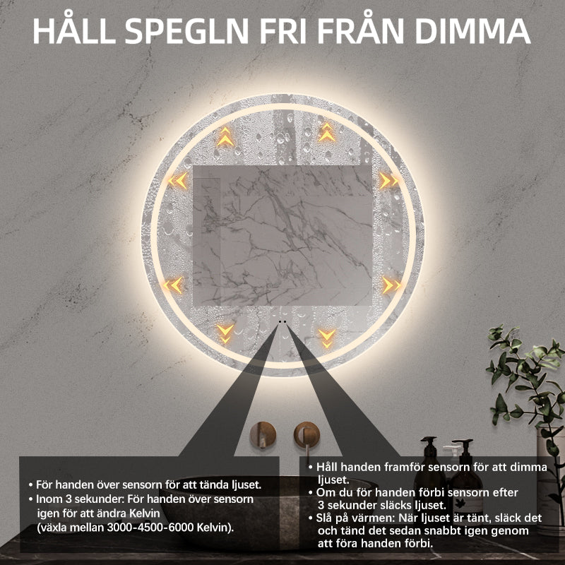 Rund spegel med LED-ljus (front + backlight) och värme Ø80 cm