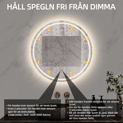 Rund spegel med LED-ljus (front + backlight) och värme Ø80 cm