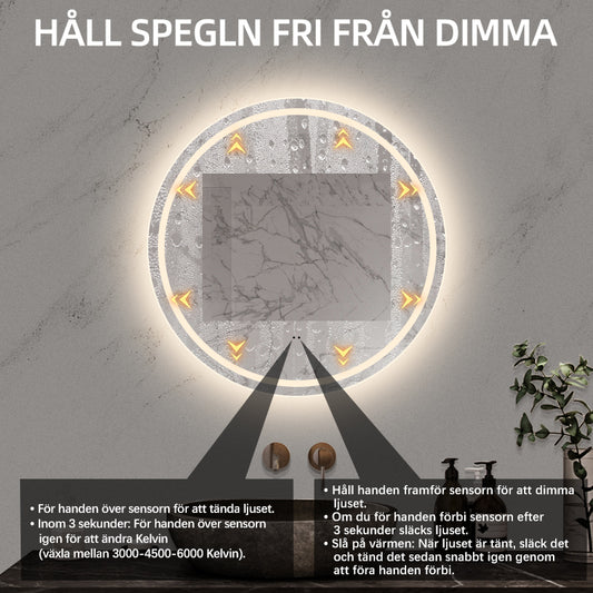 Rund spegel med LED-ljus (front + backlight) och värme Ø80 cm