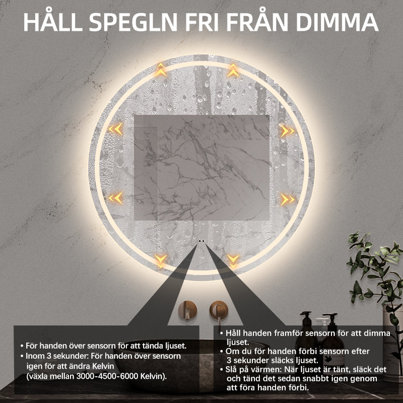 Rund spegel med LED-ljus (front + backlight) och värme Ø90 cm