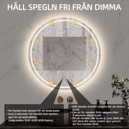 Rund spegel med LED-ljus (front + backlight) och värme Ø90 cm