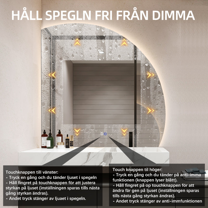 1/4 rund spegel med LED-ljus och värme, 100x100 cm (Högervänd)