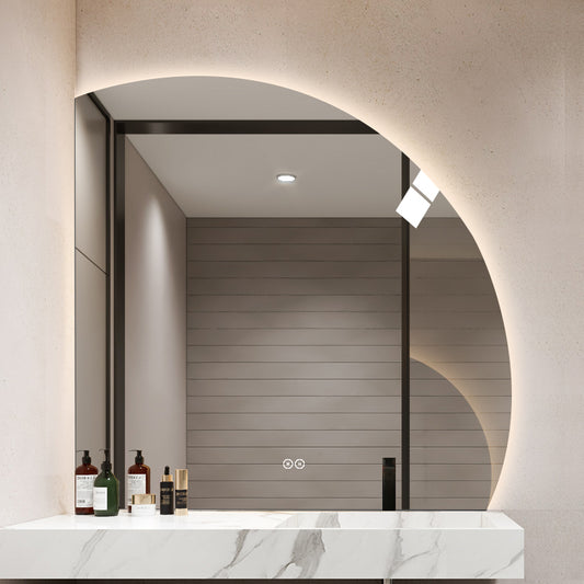1/4 rund spegel med LED-ljus och värme, 100x100 cm (Högervänd)