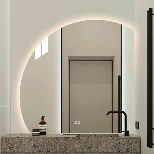 Halvcirkelspegel med LED-ljus och värme, 100x100 cm (Vänstervänd)