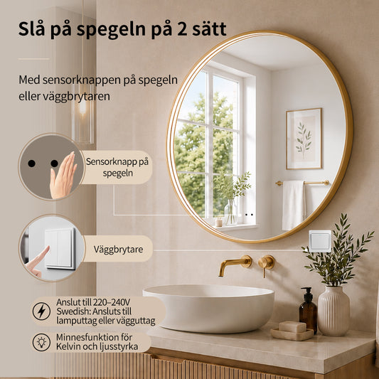 Rund spegel med LED-ljus i ram och värme Ø90, guld ram