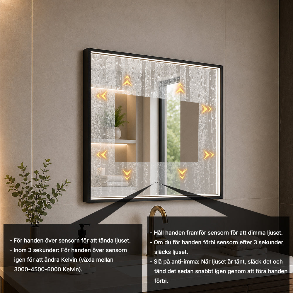 Fyrkantig spegel med LED-ljus i ram och värme 80x80 cm, svart ram