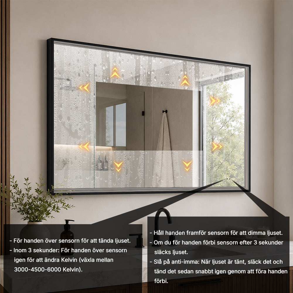 Fyrkantig spegel med LED-ljus i ram och värme 120x80 cm, svart ram