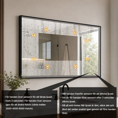 Fyrkantig spegel med LED-ljus i ram och värme 120x80 cm, svart ram