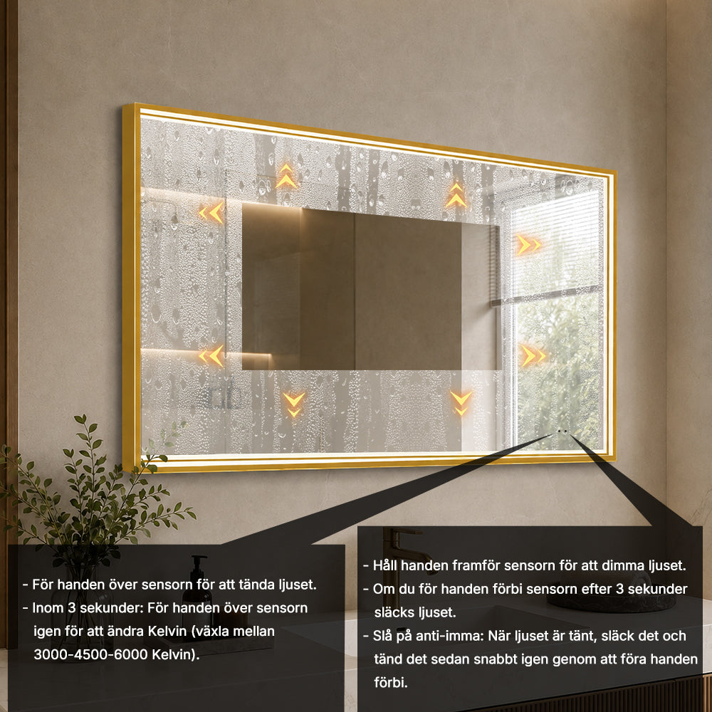 Fyrkantig spegel med LED-ljus i ram och värme 120x80 cm, guld ram