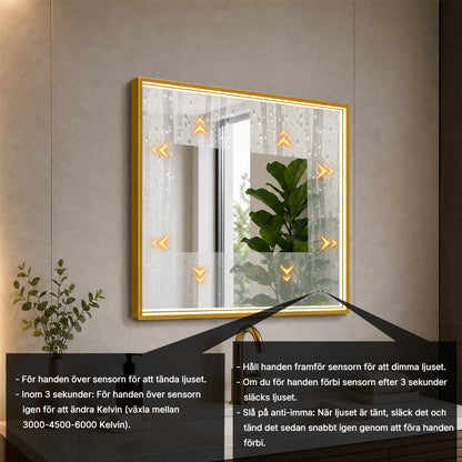 Fyrkantig spegel med LED-ljus i ram och värme 80x80 cm, guld ram