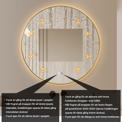 Rund spegel med LED-ljus och värme, Ø80 cm med guld ram