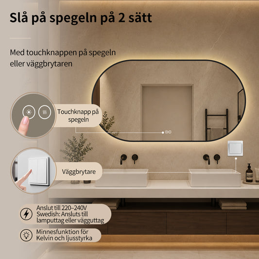 Oval spegel med ljus och värme, 150x80 cm med svart ram