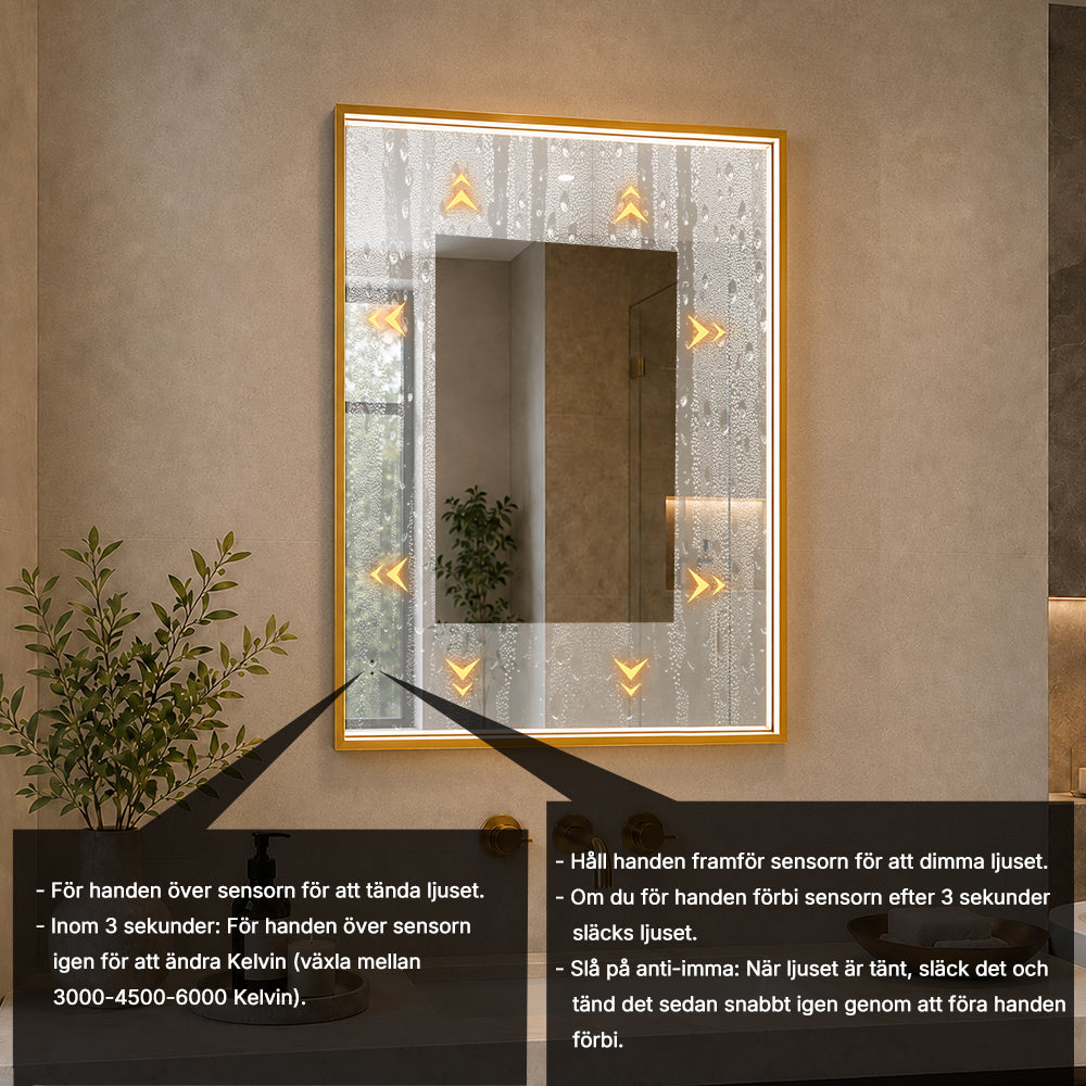 Fyrkantig spegel med LED-ljus i ram och värme 60x80 cm, guld ram