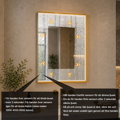Fyrkantig spegel med LED-ljus i ram och värme 60x80 cm, guld ram