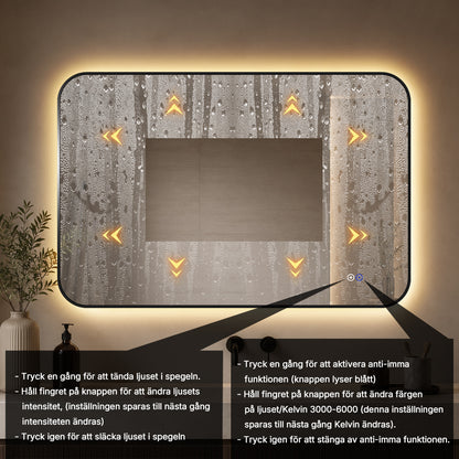 Rektangulär spegel, med LED-ljus och värme, 120x80 cm - Svart ram, runda hörn