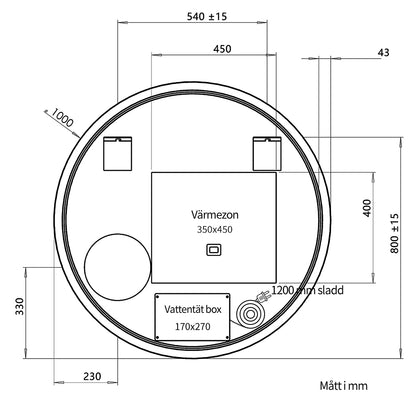 Rund spegel med LED-ljus och värme, Ø100 cm